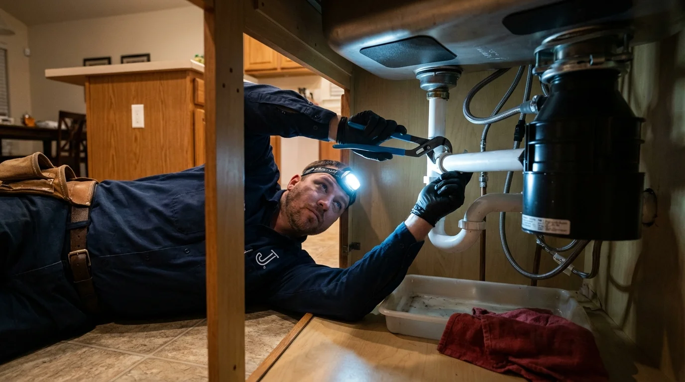 P-trap and supply line connections under a kitchen sink showing a common leak point in Hartford, CT